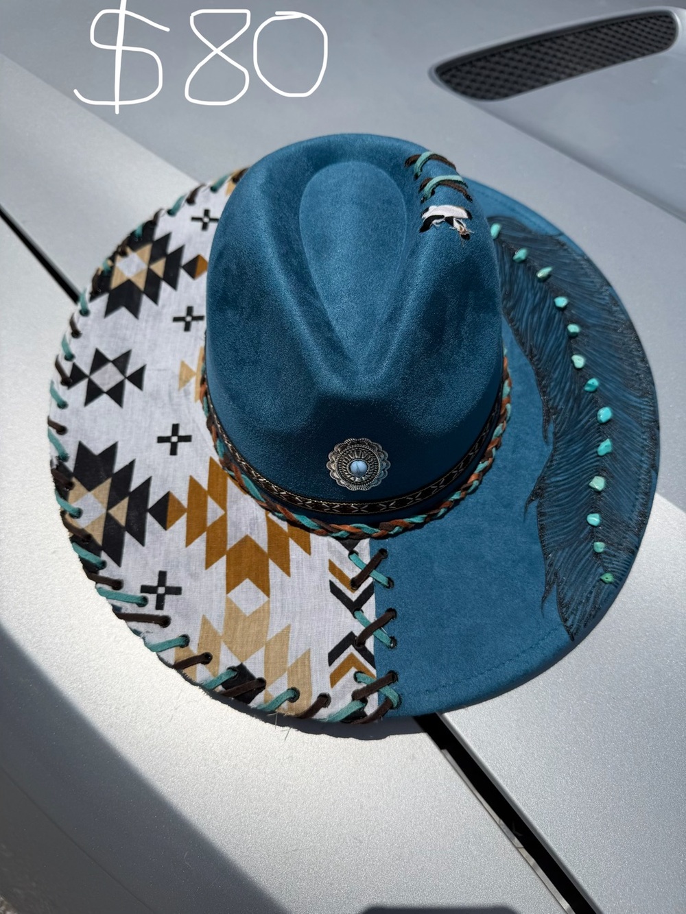 Turquoise Suede Western Hat with Aztec Trim